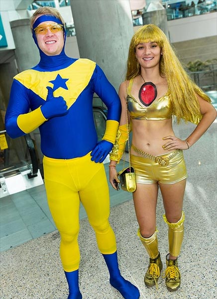Booster Gold and Skeets cosplay at Comikaze Expo 2013 by Fatalist555, photo by David Ngo