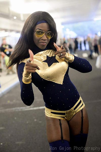 Maki Roll as Booster Gold, photo by Ron Gejon Photography