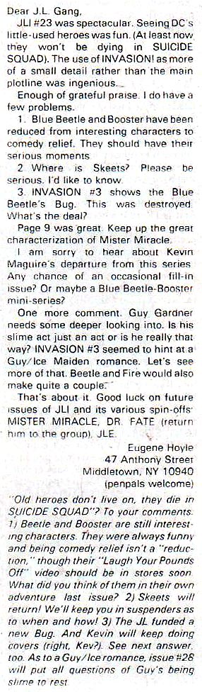 Eugene Hoyle letter from Justice League America 26