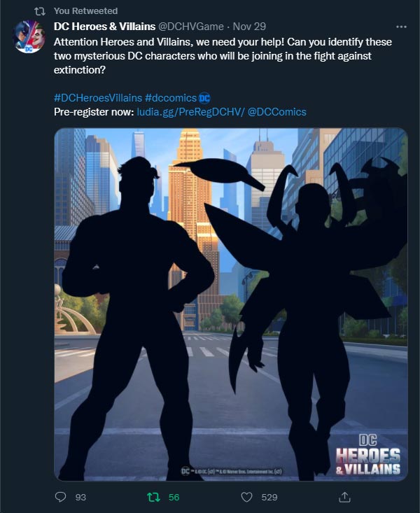 Attention Heroes and Villains, we need your help! Can you identify these two mysterious DC characters who will be joining in the fight against extinction? -- @DCHVGame Twitter.com Nov 29, 2021