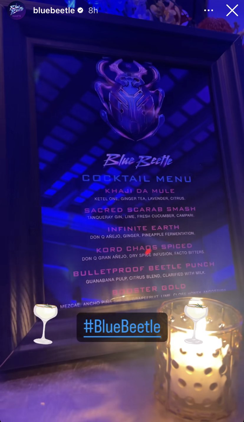 Interesting names for the cocktails at the #BlueBeetle after party 🤔-- @homeofdcu via Twitter July 20, 2023 