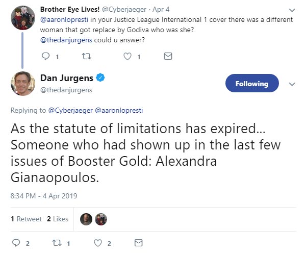 As the statute of limitations has expired... Someone who had shown up in the last few issues of Booster Gold: Alexandra Gianaopoulos. --@thedanjurgens 4 Apr 2019